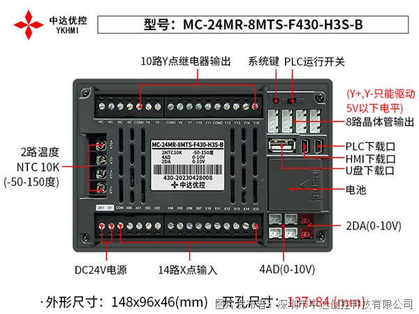 中達優控4.3 寸PLC一體機MC-24MR-8MTS-F430-H3S-B