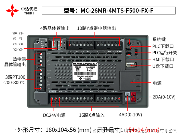 中达优控 5寸PLC一体机MC-26MR-4MTS-F500-FX-F