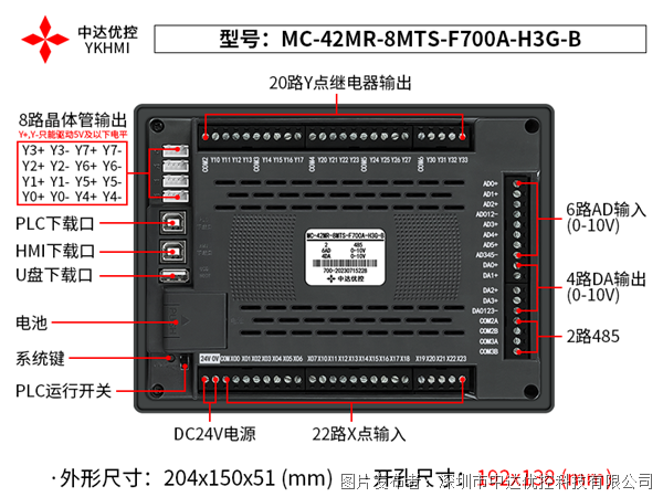 中达优控7寸PLC一体机MC-42MR-8MTS-F700-H3G-B