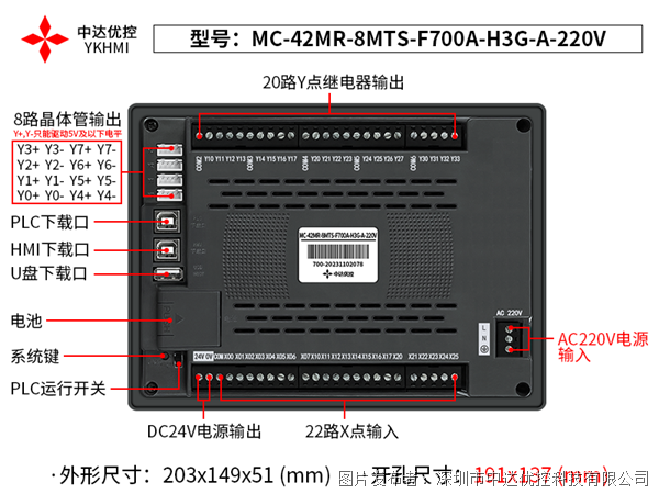  中达优控7寸PLC一体机MC-42MR-8MTS-F700A-H3G-A-220V