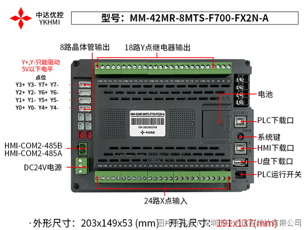 中达优控7寸PLC一体机MM-42MR-8MTS-F700-FX2N-A