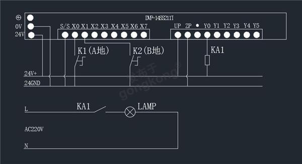 使用台达dvp14ss211t实现的2地控制同一盏灯的线路图以及程序